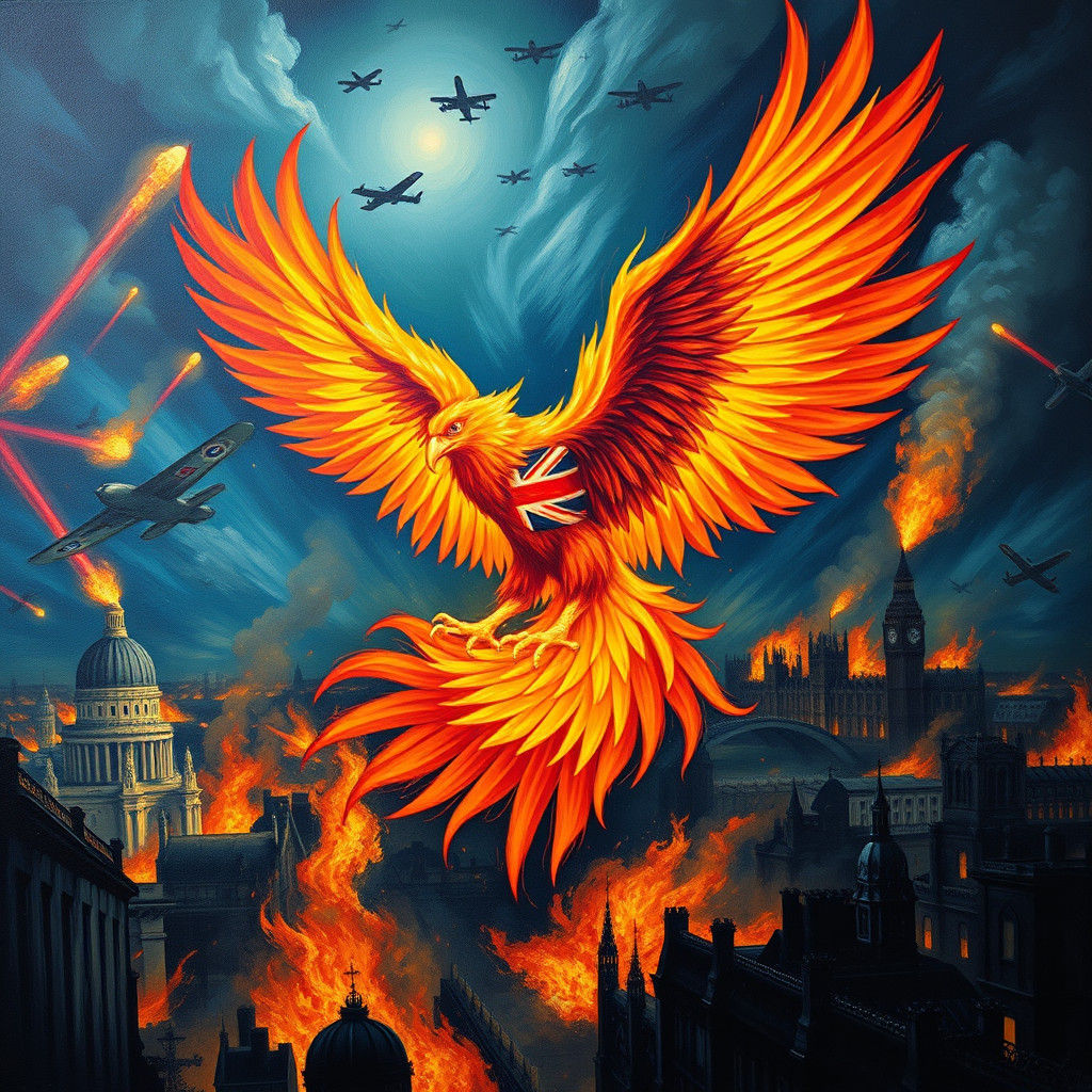 Phoenix Ascends from Burning London, Expressionist Oil Paint...
