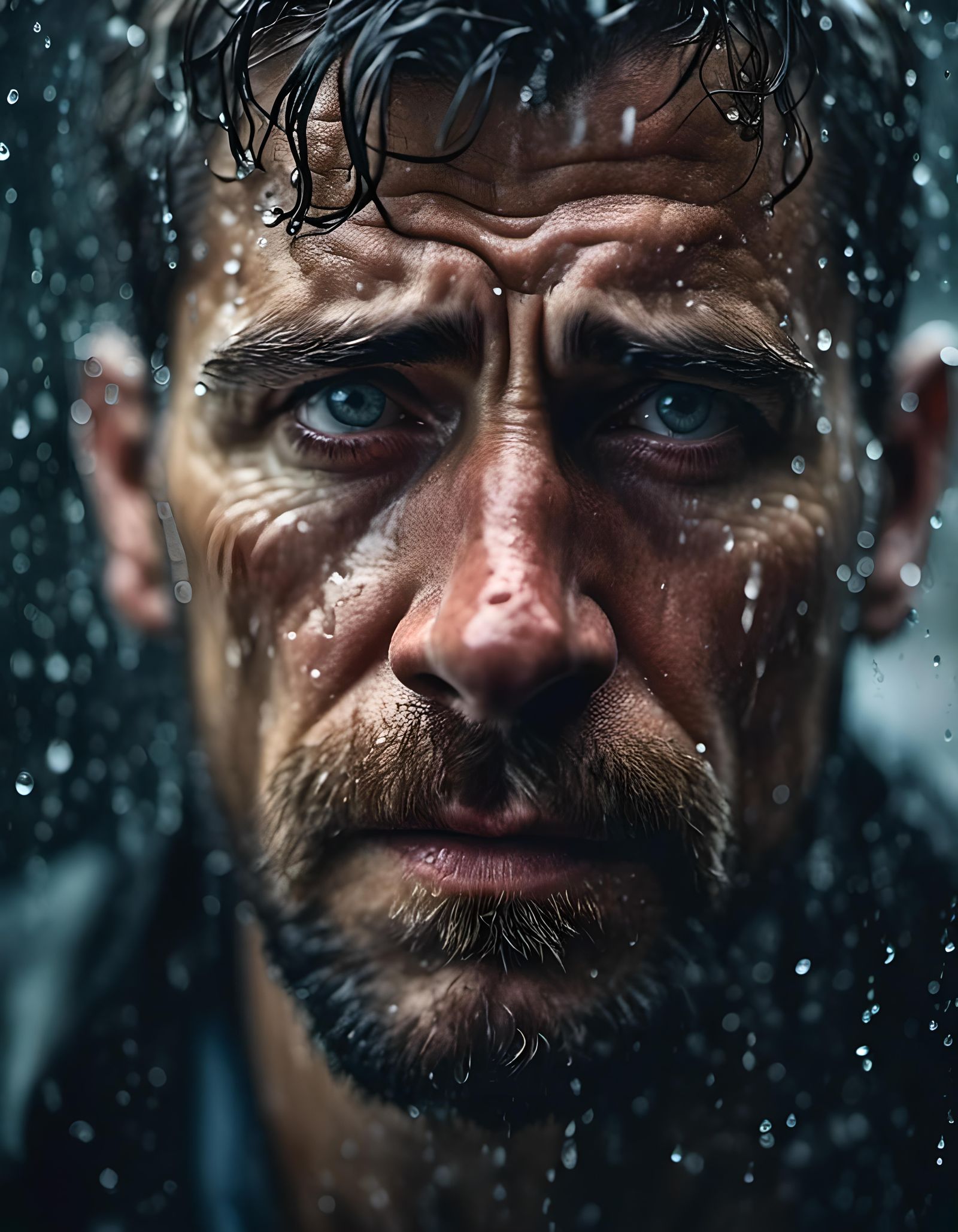 Crying Man Behind Steamy Glass: Realistic Macro Photograph