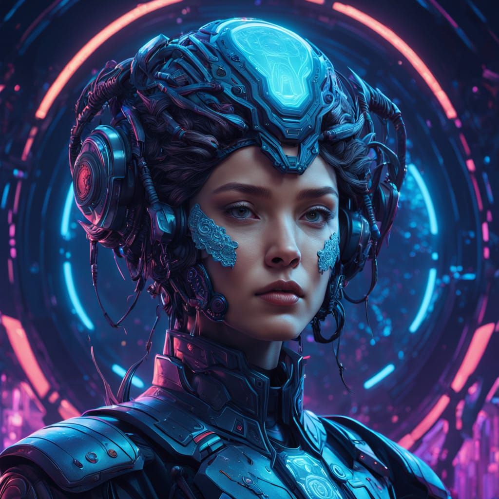 Surreal AI Brain with Serene Face in Futuristic Utopia