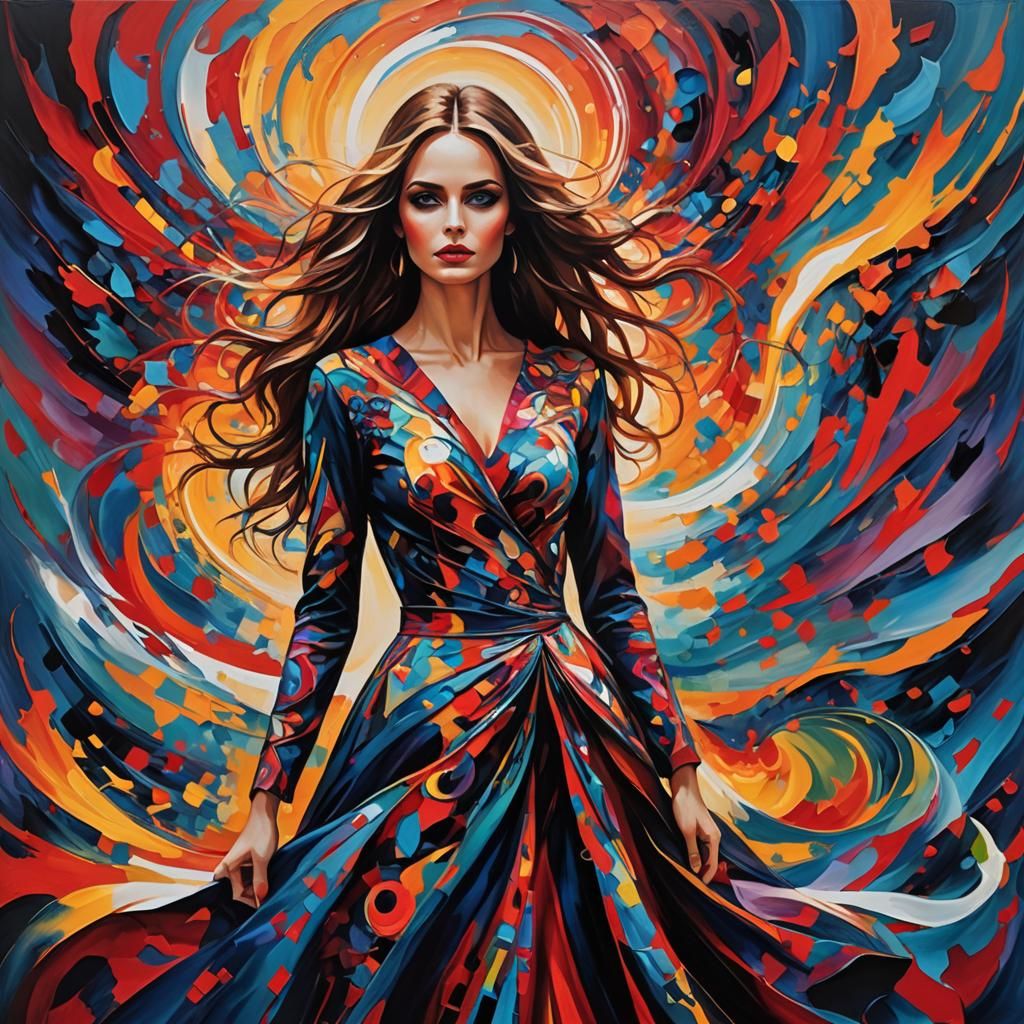 Confident Woman in Vibrant Abstract Landscape