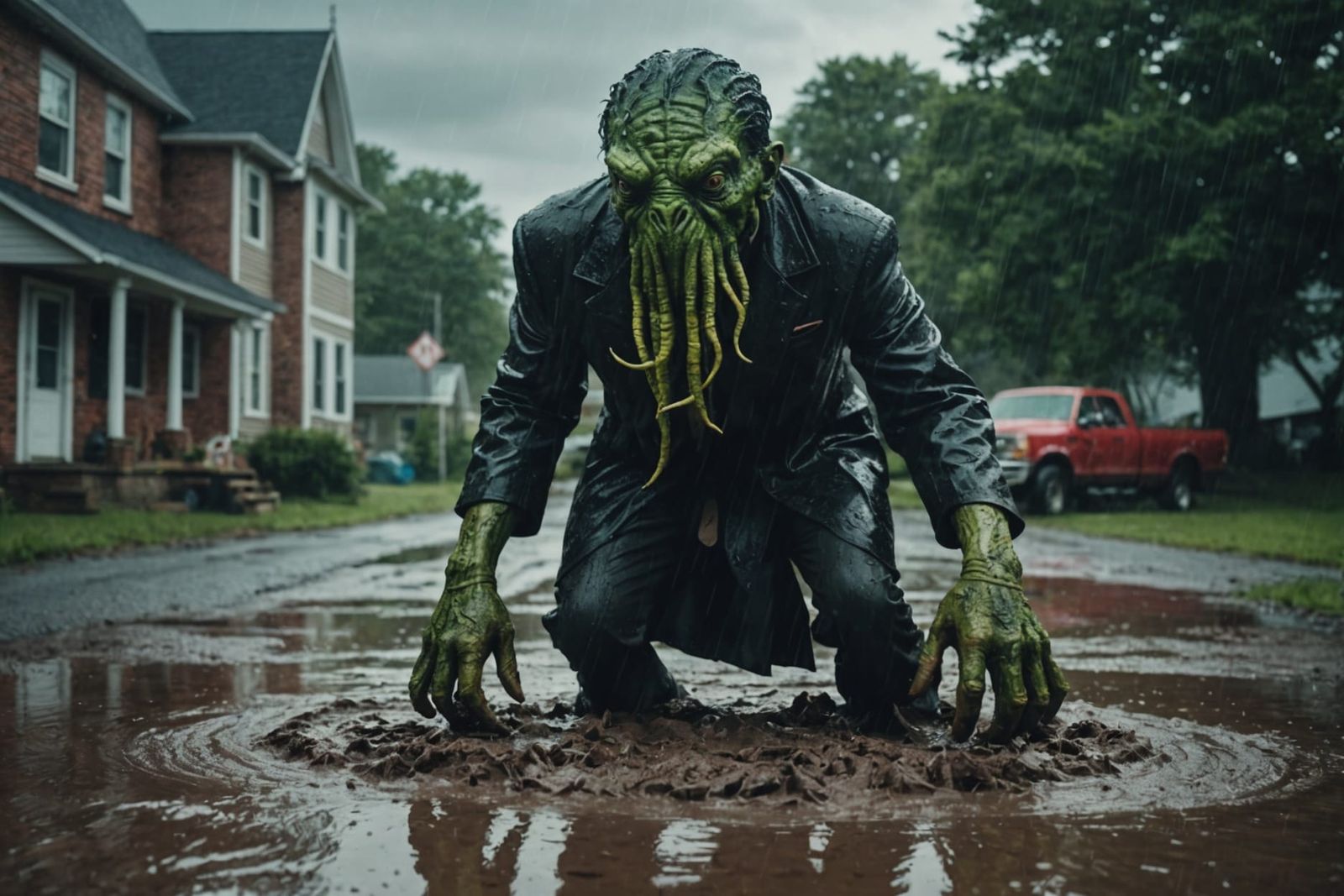 Lovecraft Wrestles Cthulhu in Mud: Cinematic Still