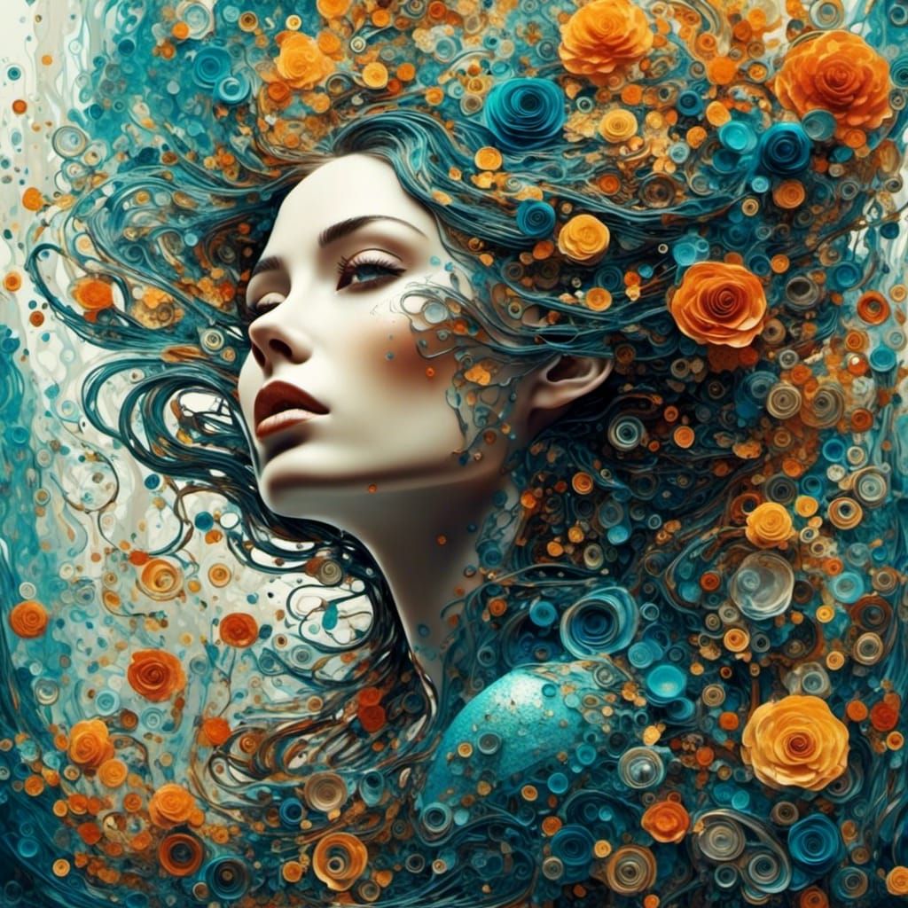 Biomechanical Woman with Melting Head in 3D