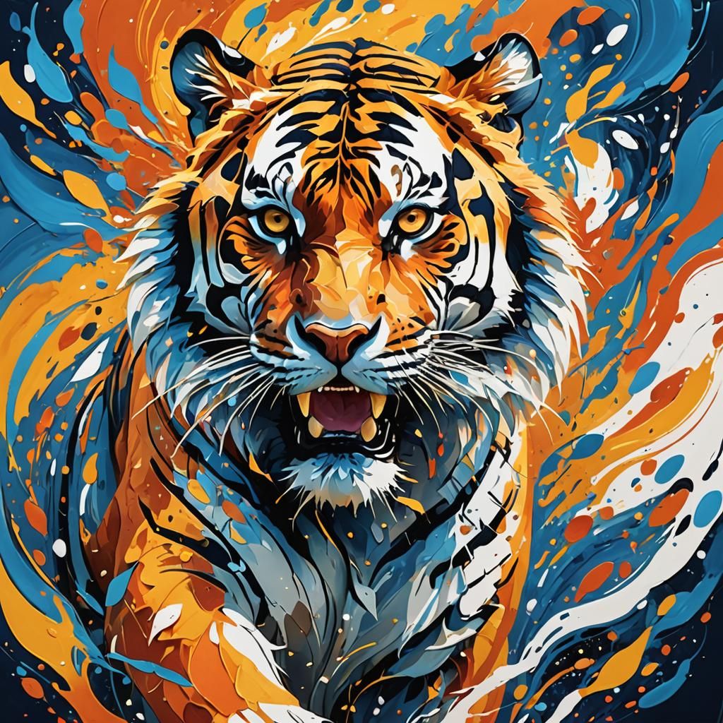 Abstract Tiger Roaring in Colorful Brushstrokes