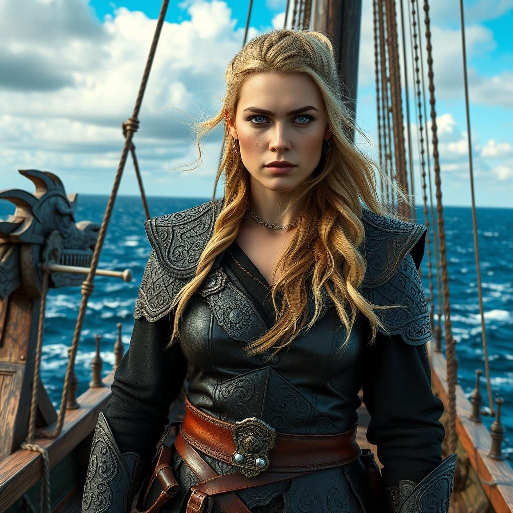 Viking Warrior Queen in Majestic Dragon-Headed Longship