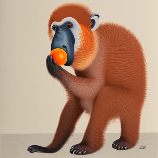 Proboscis Monkey Eating a Tangerine in Watercolor