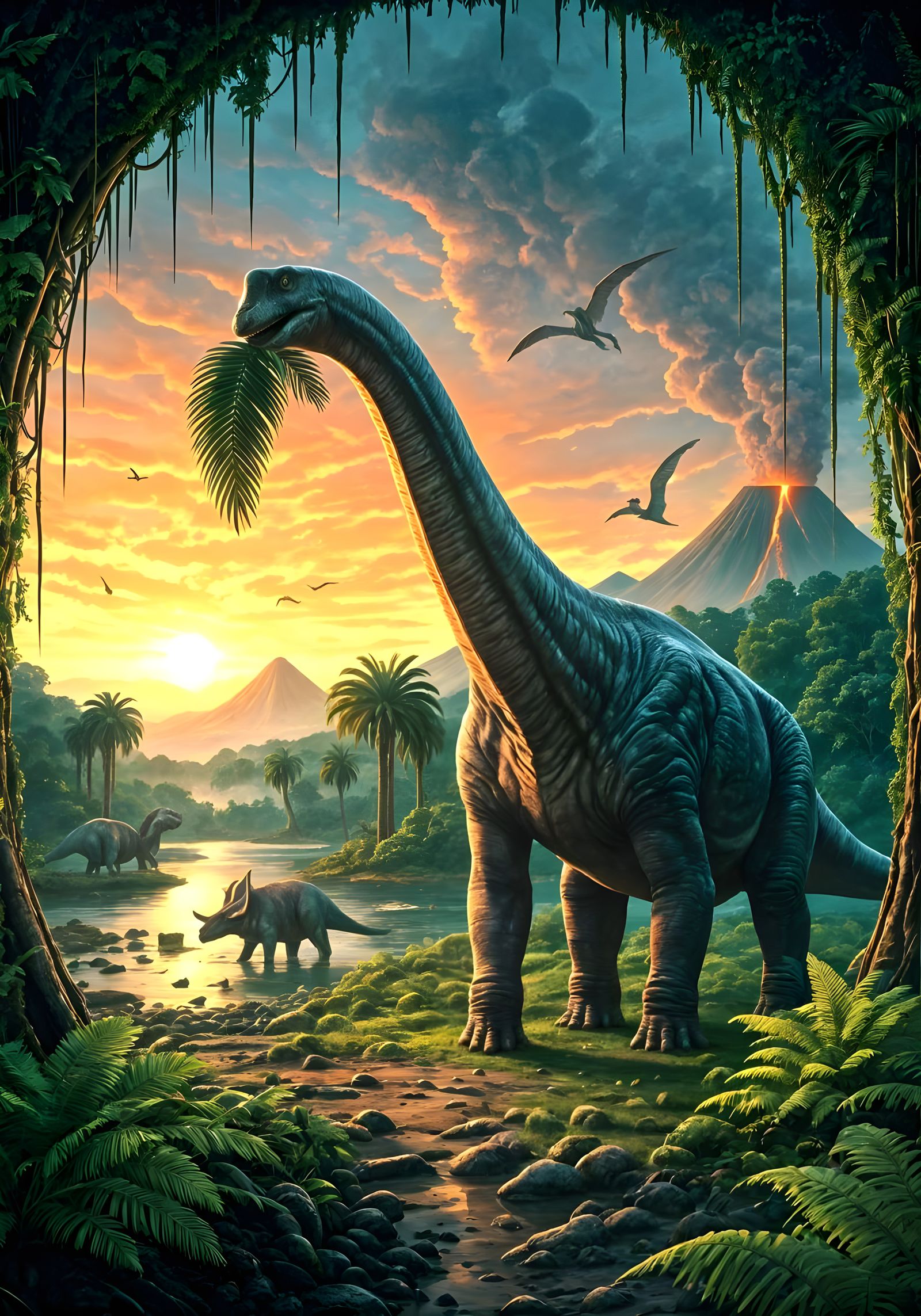 Lush Jurassic Jungle with Towering Dinosaurs