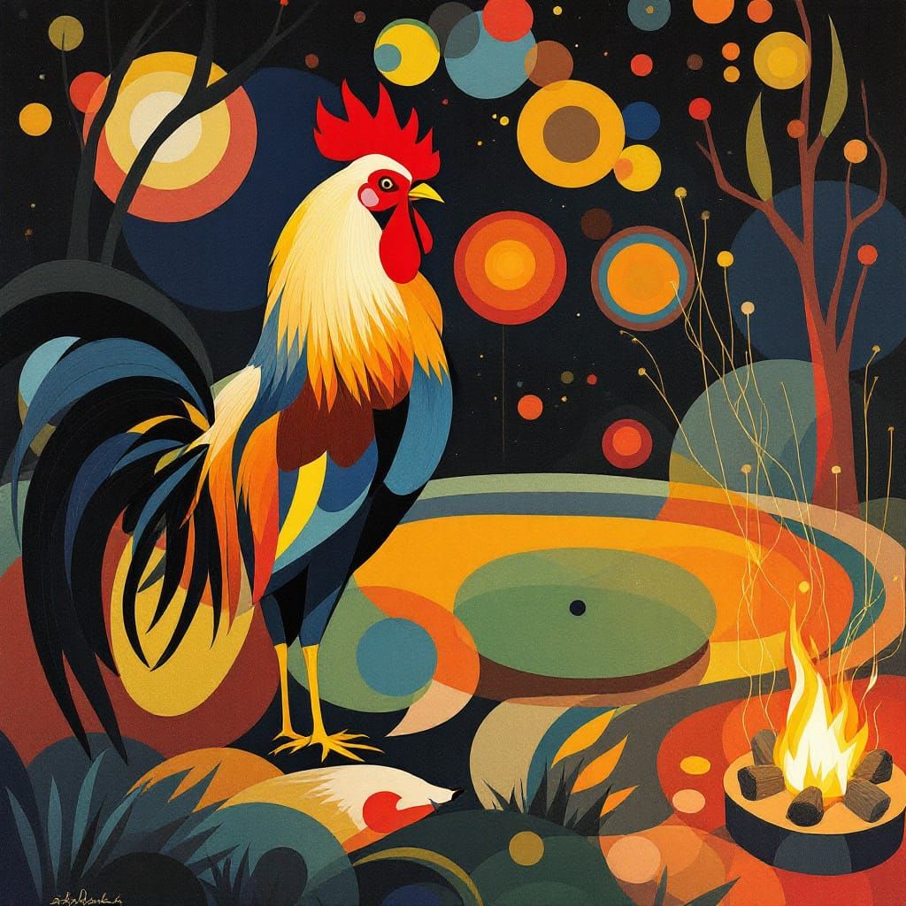 Rooster and Fox at Campfire, Jazz Age Art Style