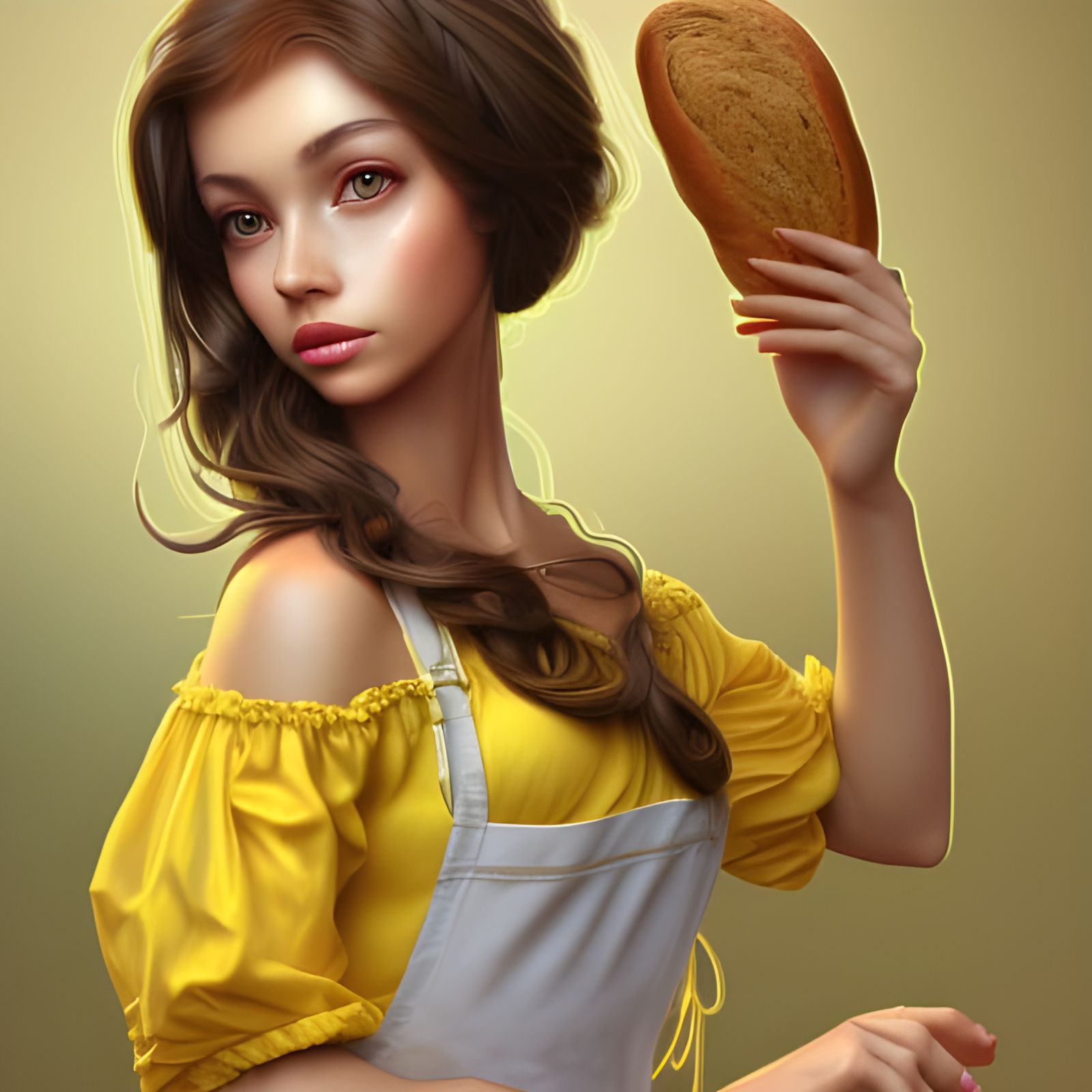 Brunette Baking Bread: Detailed 3D Digital Art