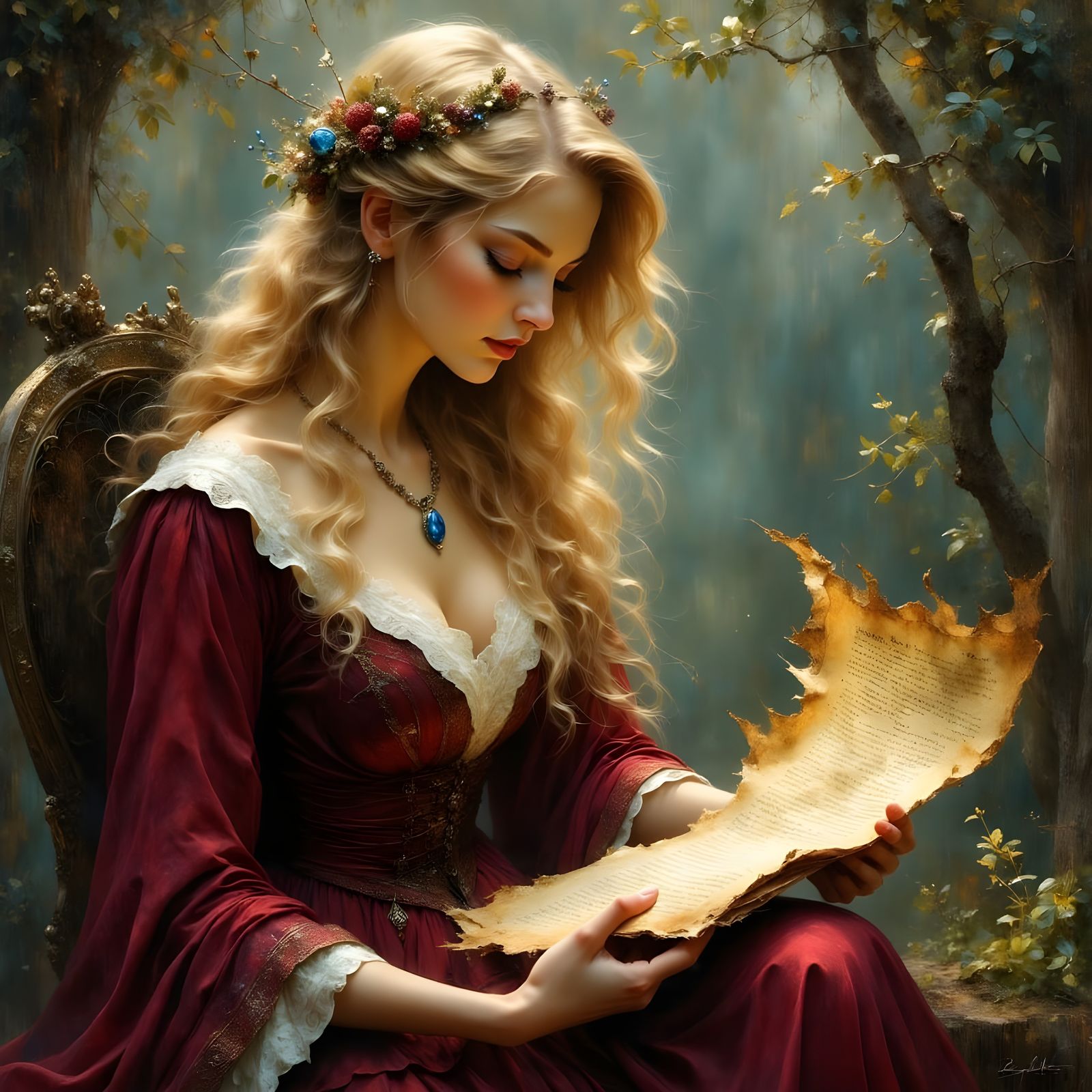 Ethereal Norse Goddess Examines Ancient Parchment
