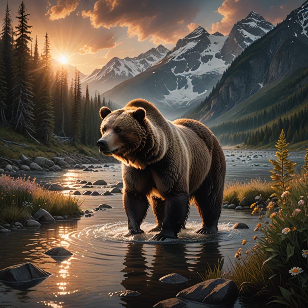 A breathtaking, hyper-realistic scene of a grizzly bear standing at the edge of a misty river, the sun setting behind to...