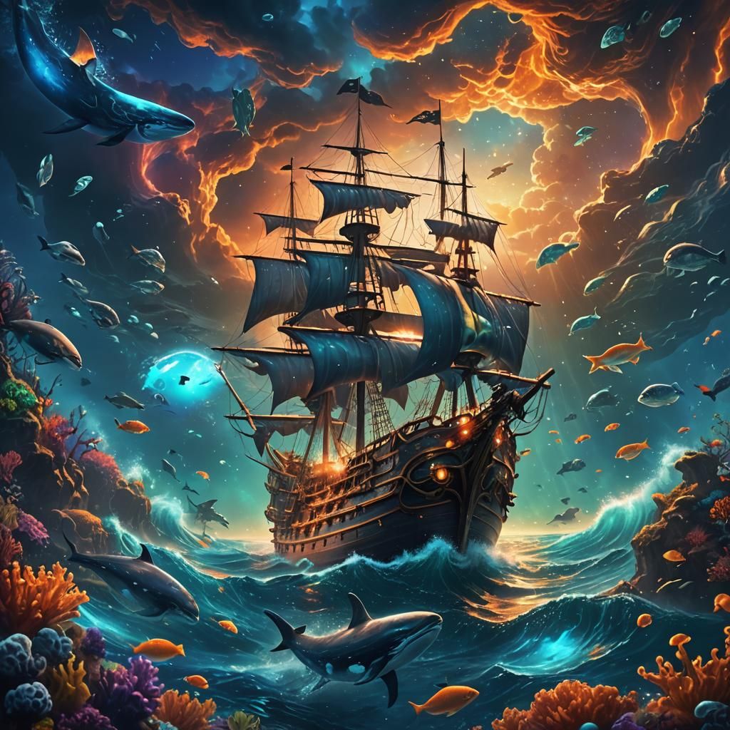 Underwater Pirate Ship in Bioluminescent Sea