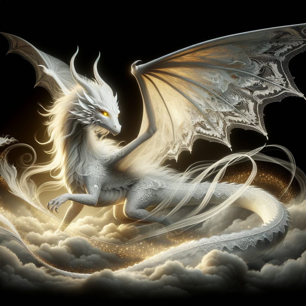 Elegant White Dragon in Flight, Golden Shimmer and Ethereal ...