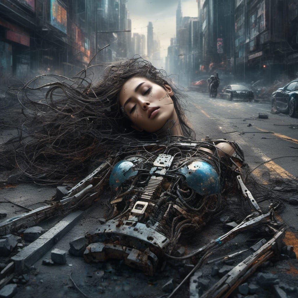 Post-Apocalyptic Cyborg Death in Cityscape