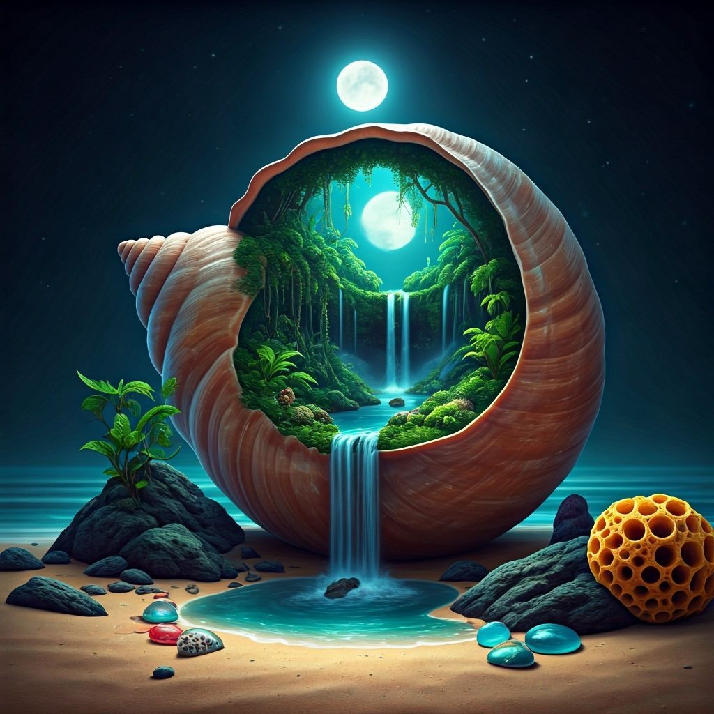 Miniature Island Inside Seashell: 3D Rendered Scene