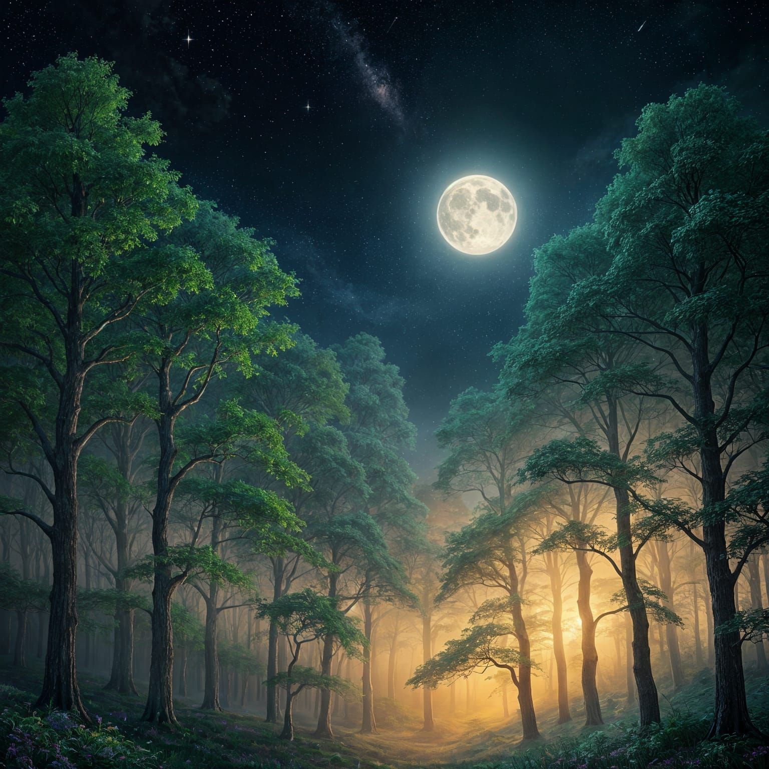Night Forest with Shooting Star, Ethereal Fantasy