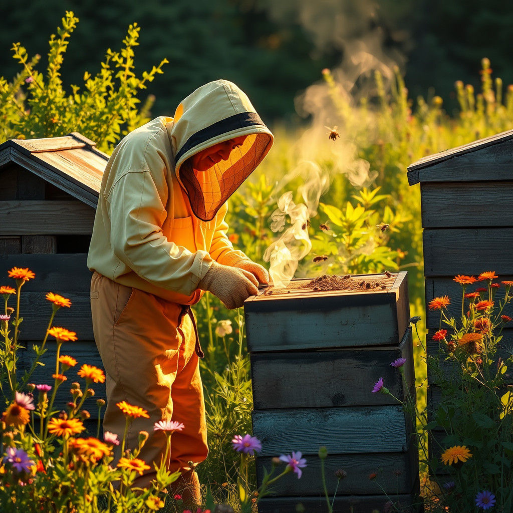 Beekeeper Collecting Honey in Rustic Folk-Art Style