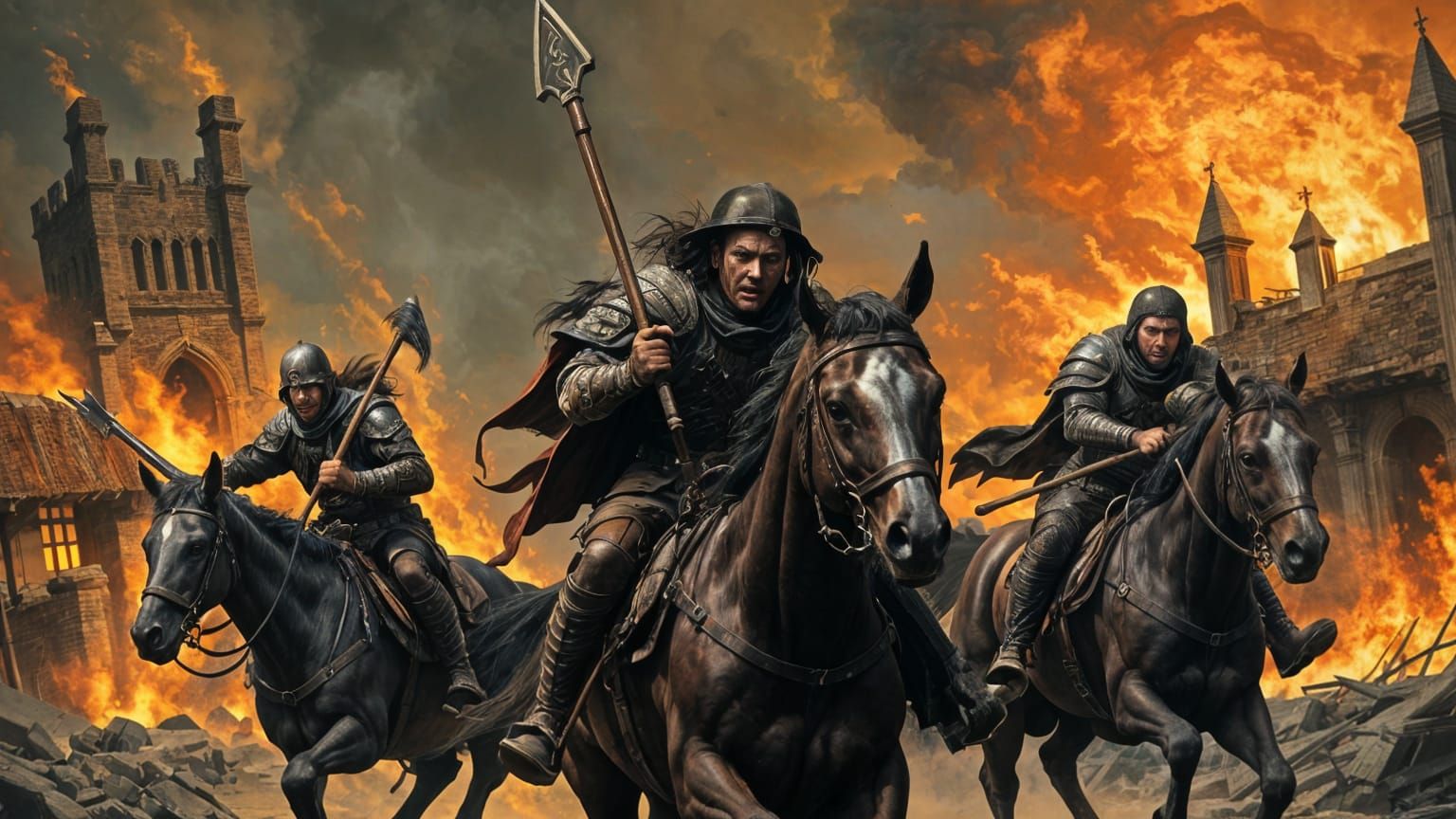 Apocalyptic Horsemen Ride Through Burning City, Comic Book A...