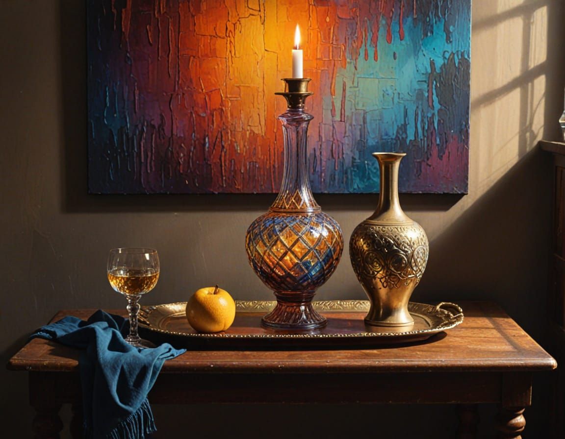 Vibrant Still Life Oil Painting of Vase and Tray