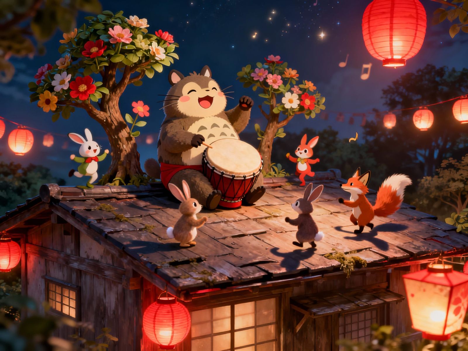 Kawaii Tanuki Drumming on House Roof at Japanese Festival Ni...