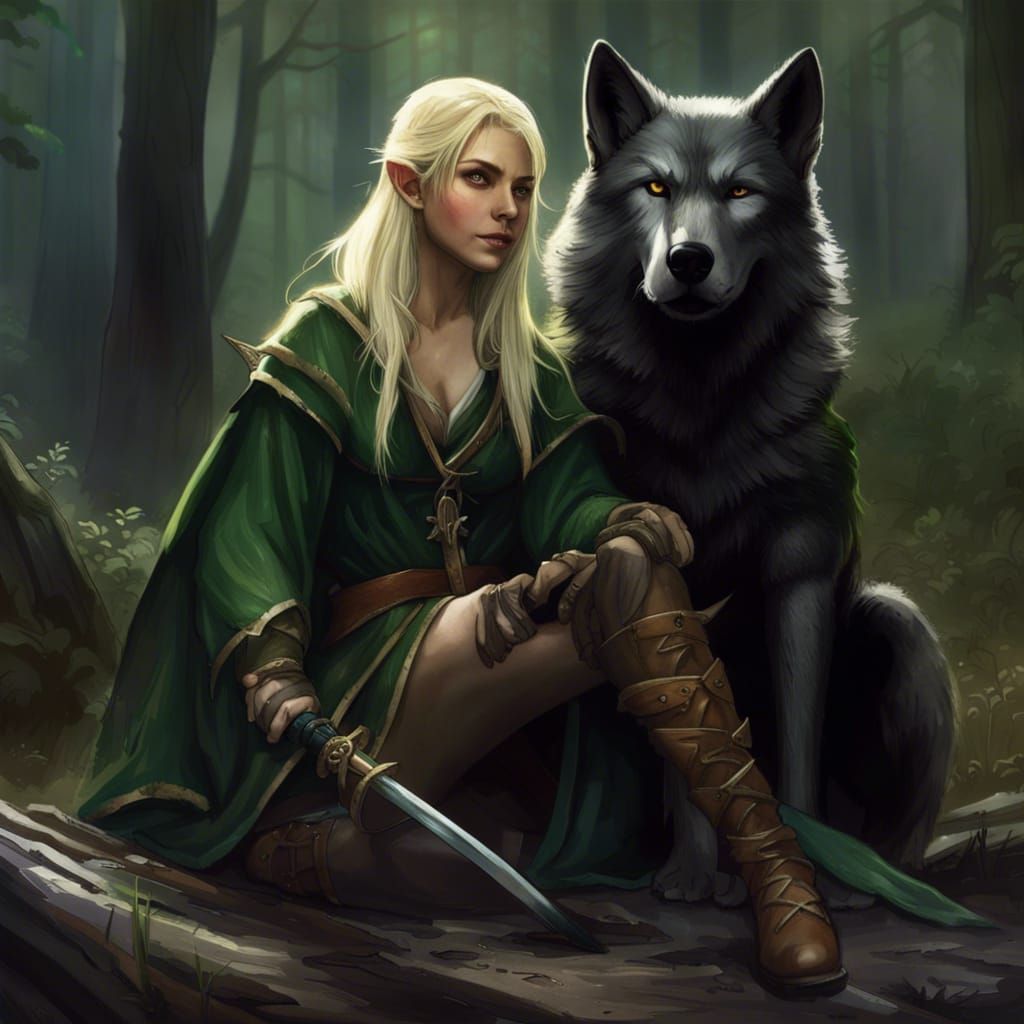 Wood Elf with Wolf, Detailed Fantasy Art