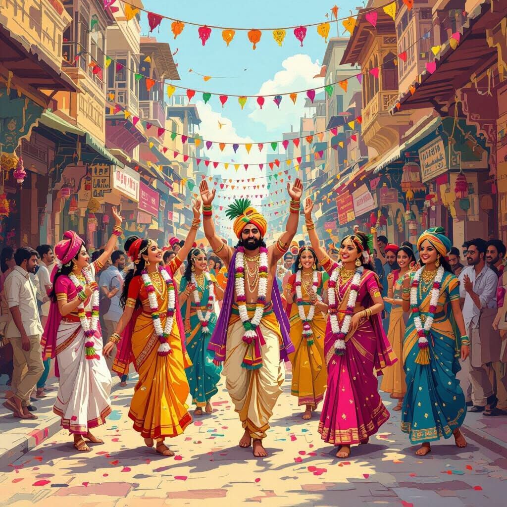 Vibrant Dahi Handi Celebration in Mumbai, Folk Art Illustrat...