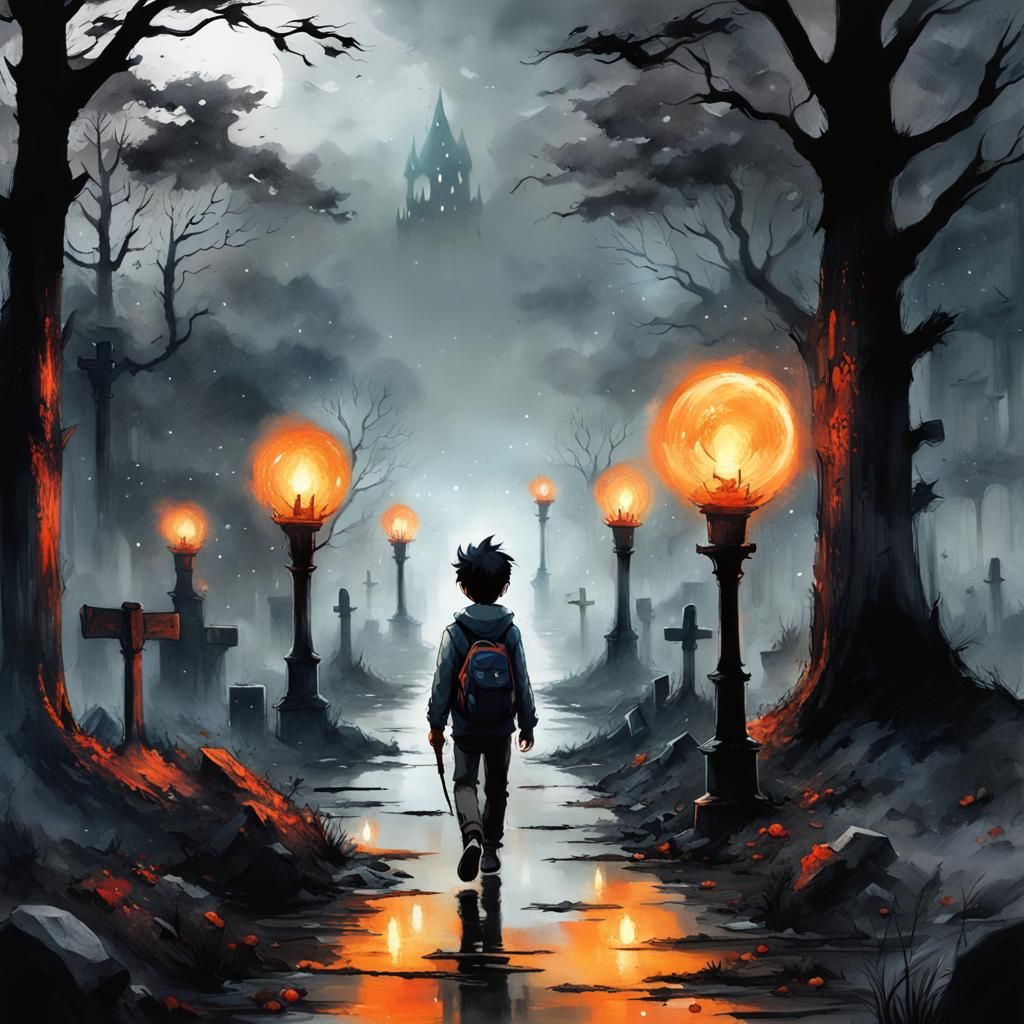 Boy Walks to Gengar in Spooky Graveyard, Watercolor
