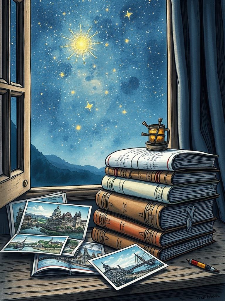 Cozy Books and Vintage Postcards at Night