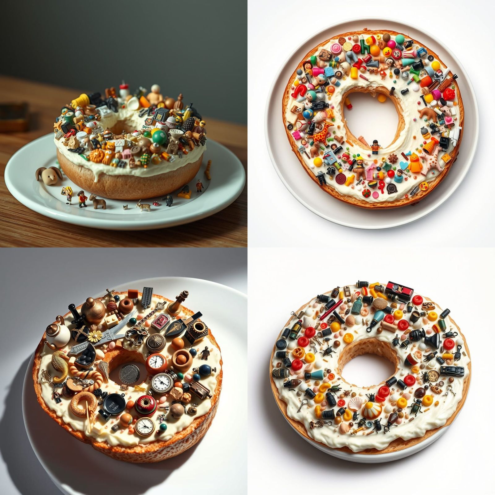 Hyperrealistic Bagel Topped with Miniature Objects