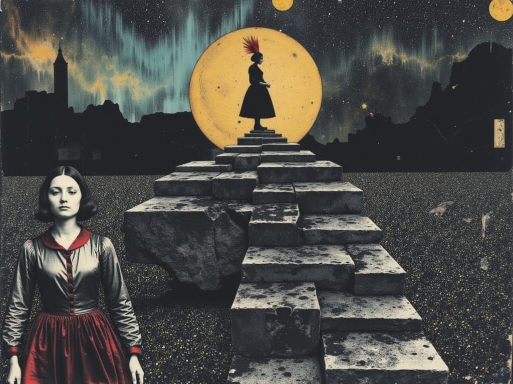 Alice, Queen, and Hatter on Escher Staircase