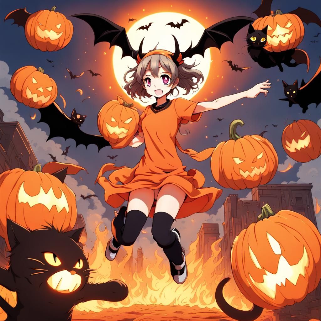 Anime Girl with Pumpkin in Fiery Scene
