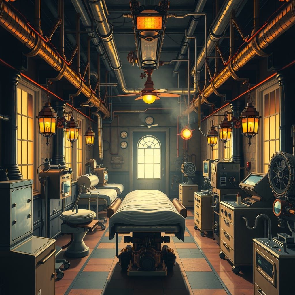 Ethereal Steampunk Hospital in Warm, Golden Light