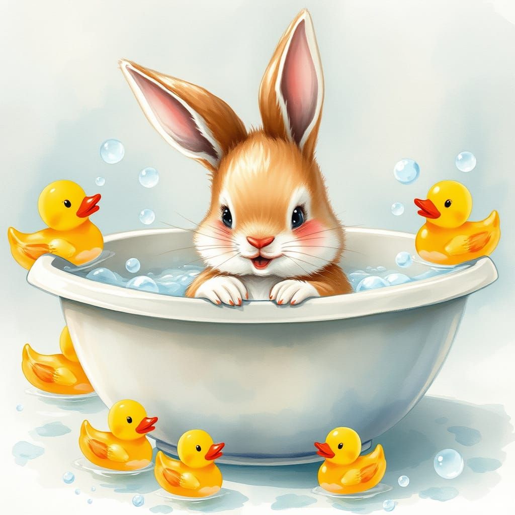 Rabbit's Delightful Bath: A Whimsical Watercolor Scene