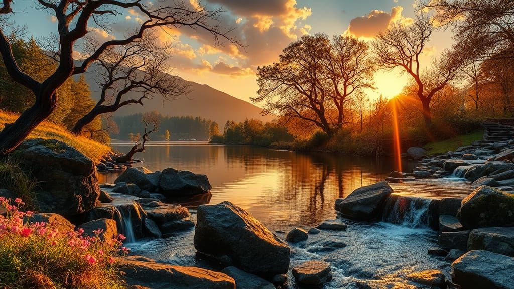 Ethereal Woodland Lake at Golden Sunset