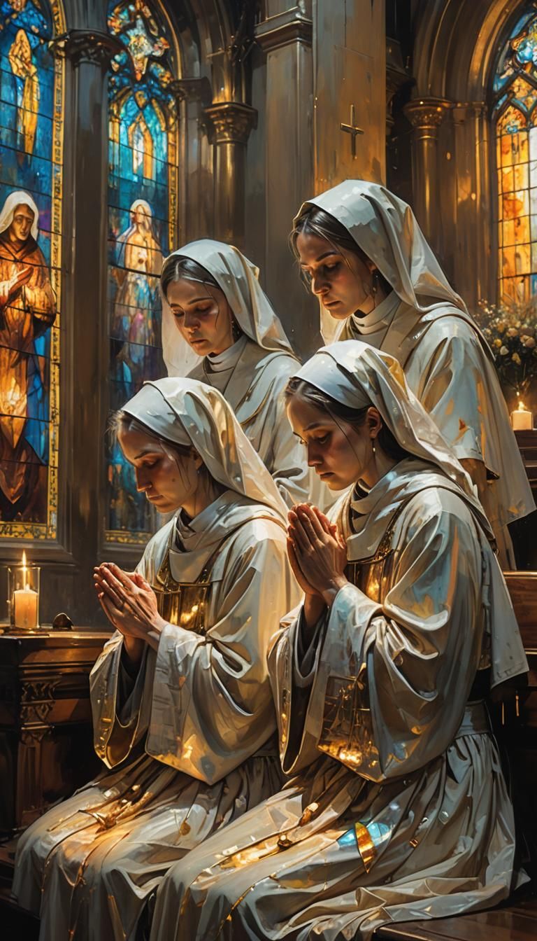 Nuns Praying in Church Pew as Oil Painting