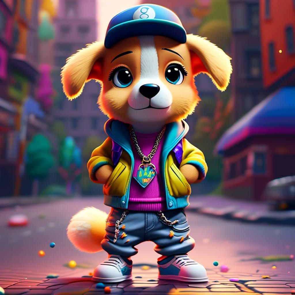 90s Rapper Puppy in Fantasy Graffiti Forest