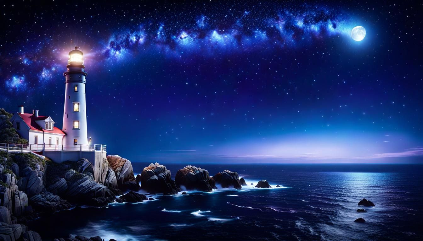 Lighthouse Under Sparkling Starry Night: Hyperrealistic View
