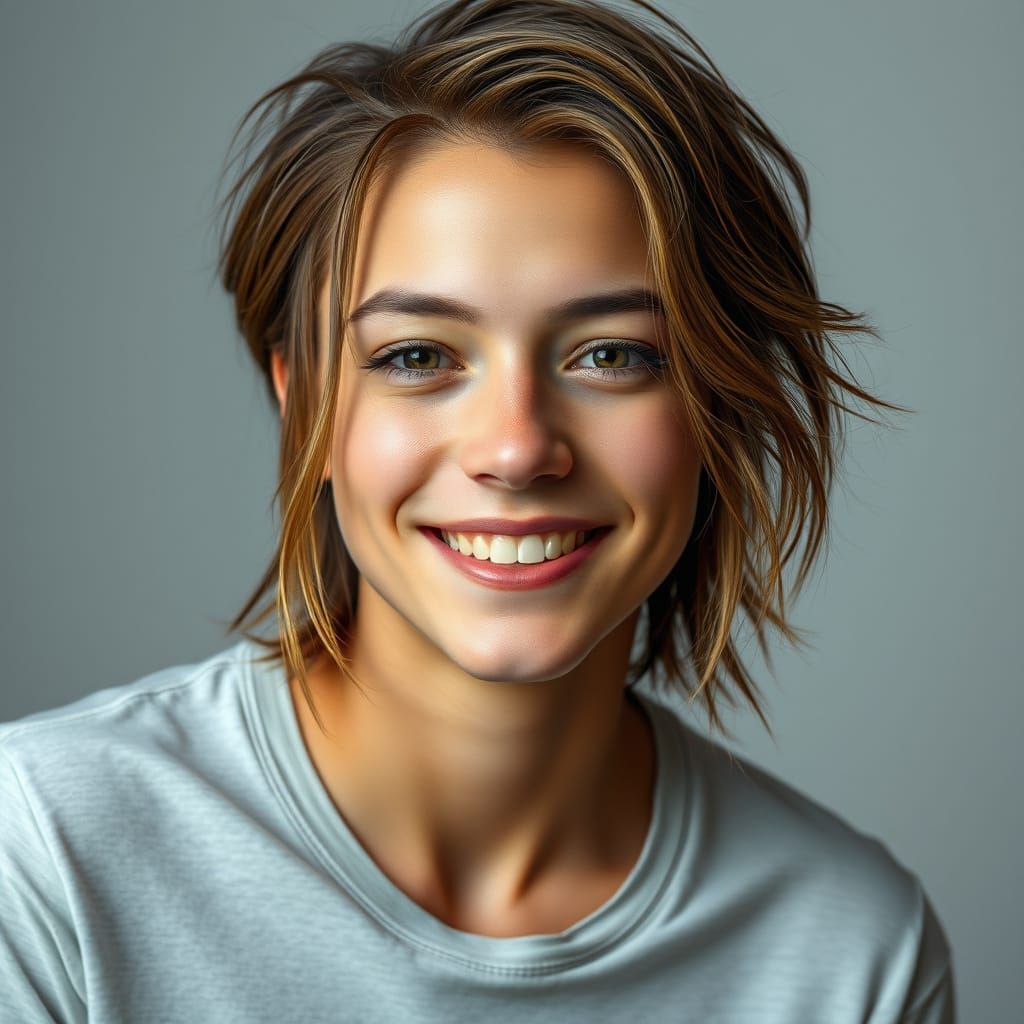 Androgynous Person Smiling in Photorealistic Style