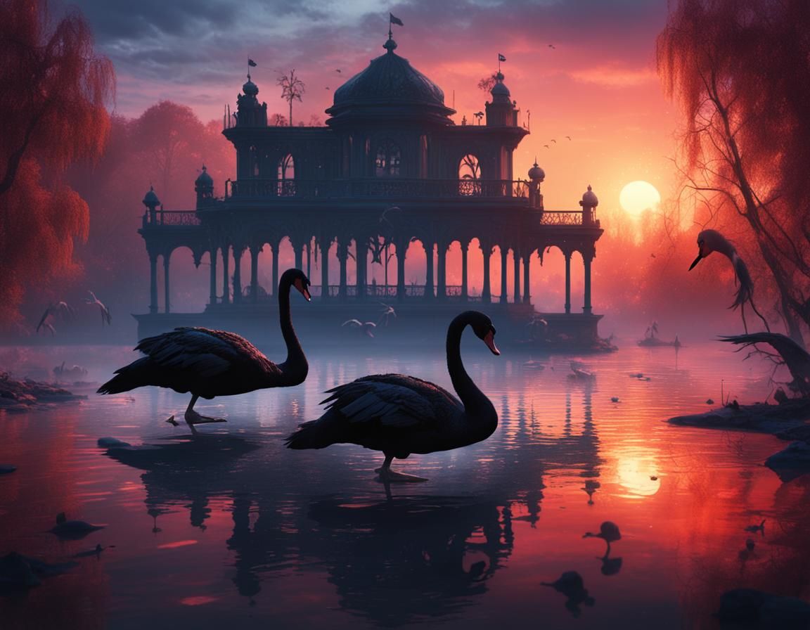 Black Swans on Lake at Dawn: Solarpunk Painting
