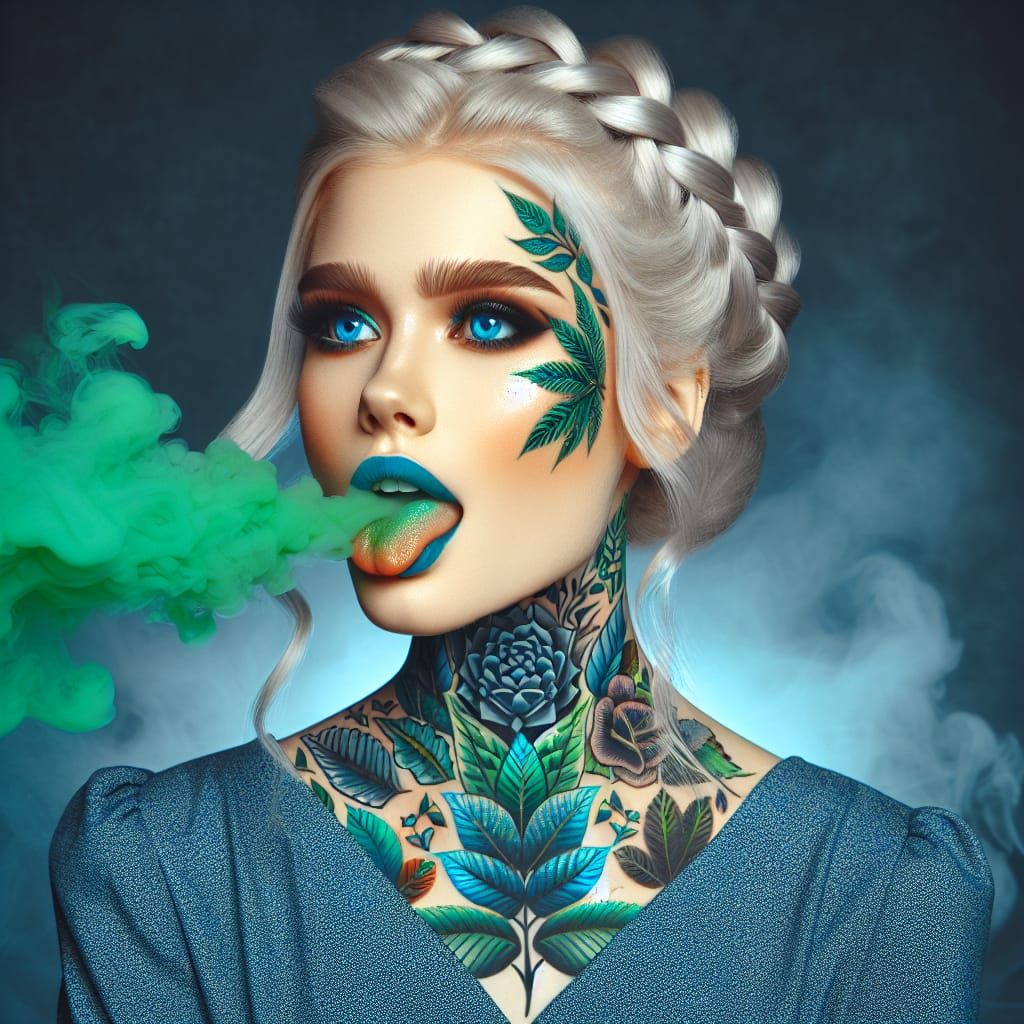 Leaf Tattooed Woman with Green Smoke