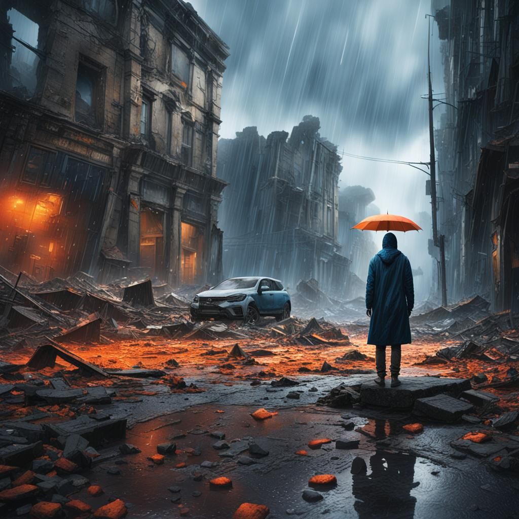 Ruined Cityscape in Rain: Matte Painting