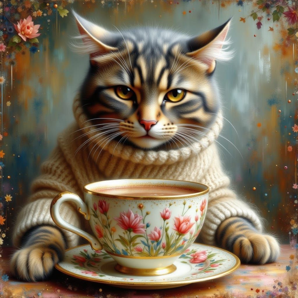 Cozy Cat with Tulip Teacup in Dreamlike Style