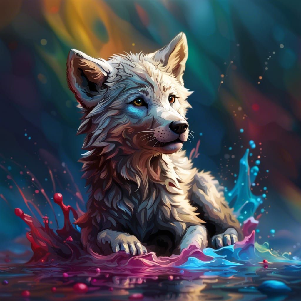 Hyperrealistic Wolf Cub Portrait in Splash Art Style