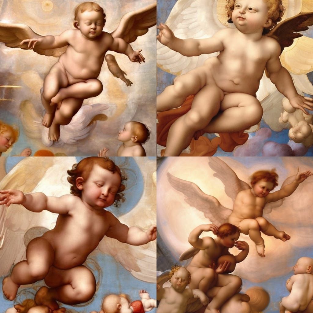 Beautiful cherub, flies beside God,  painting by Raphael, Si...