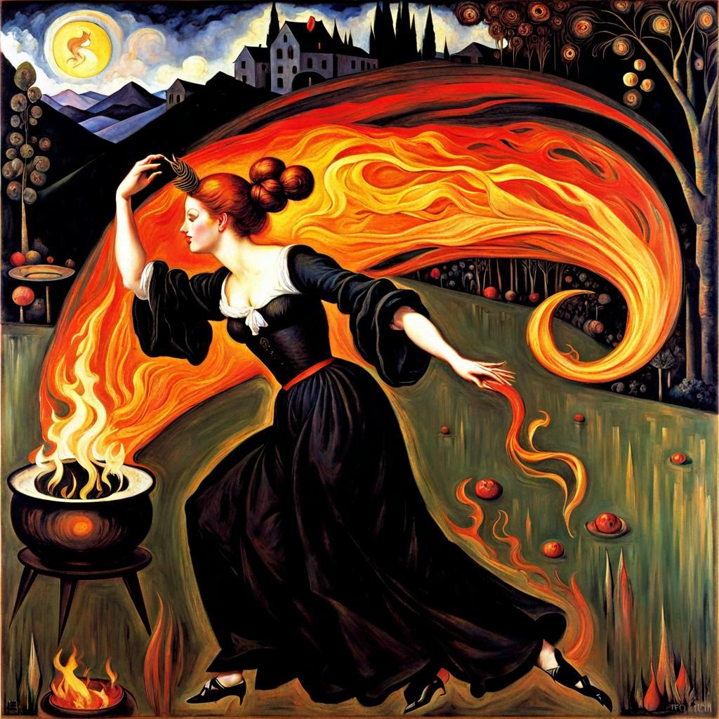 Witch Dancing Around Fire in Classical Style