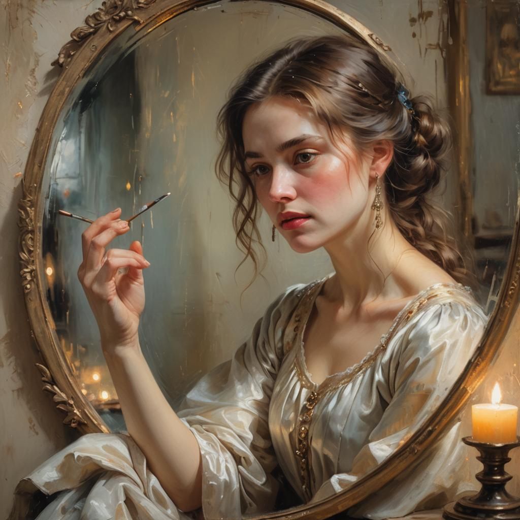 Ethereal Lady with Broken Mirror: Soft Focus Oil Painting