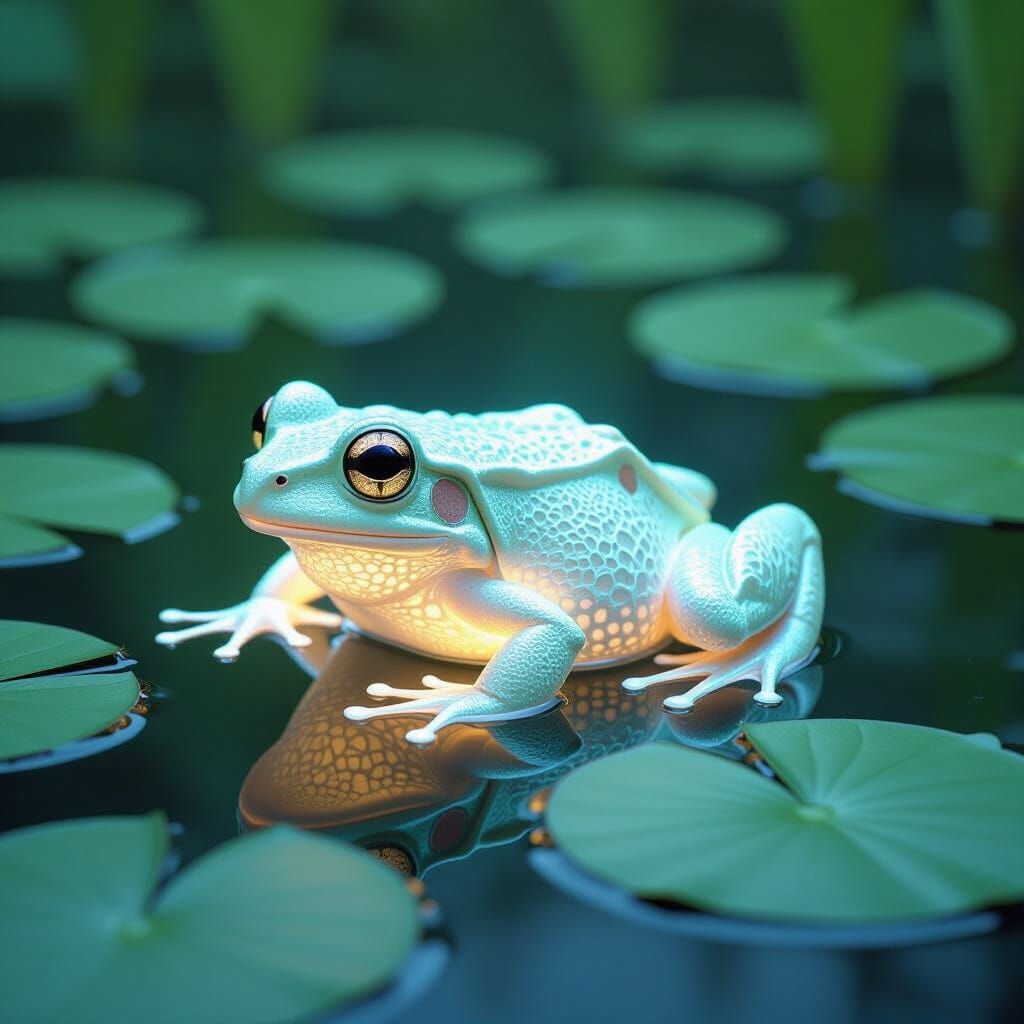 Bioluminescent Frog Drifting in Lily Pond