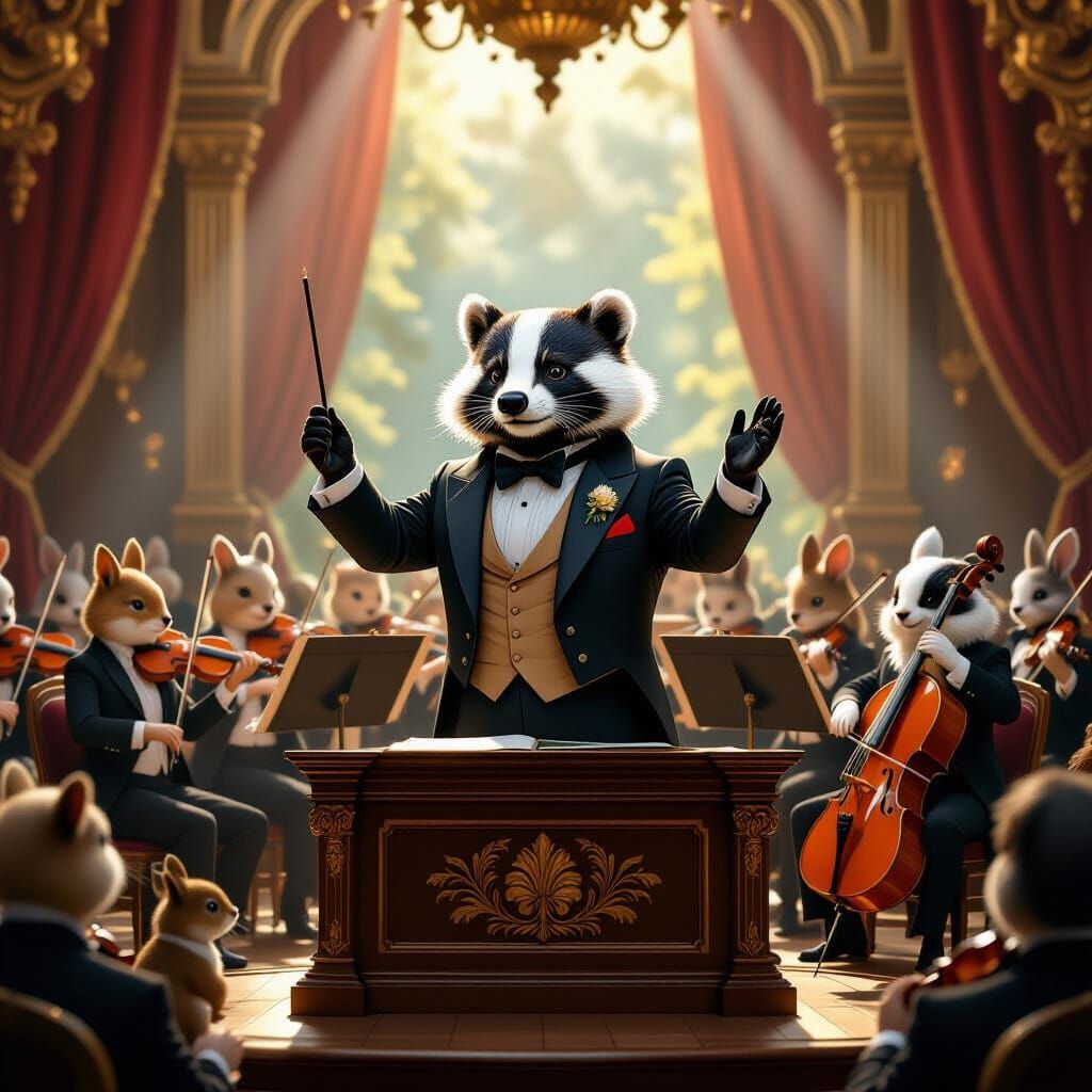 Badger Conductor Leading Woodland Orchestra in Concert Hall