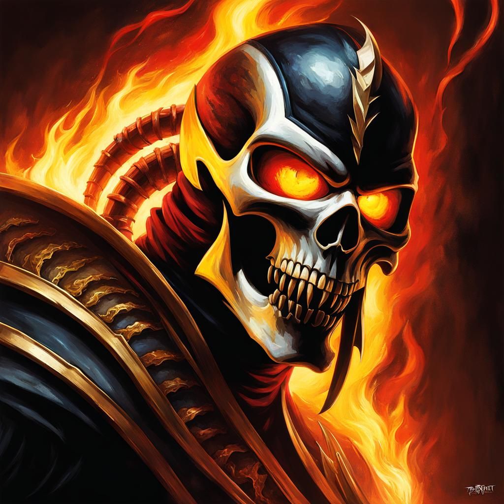 Skull head, breathing fire, Scorpion Mortal Kombat