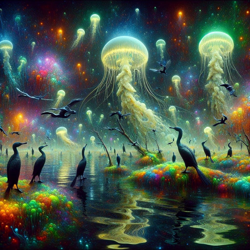 Bioluminescent Underwater Dance in Art Deco Style