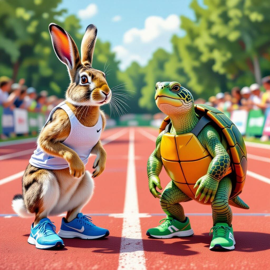 Hare and Turtle Race in Impressionist Style